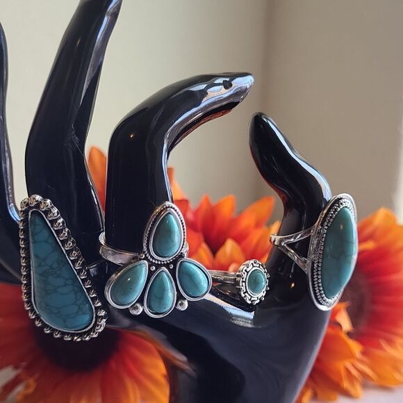 Simple and Elegant Blue Turquoise Water Teardrop Ring Set varied size - Picture 11 of 12